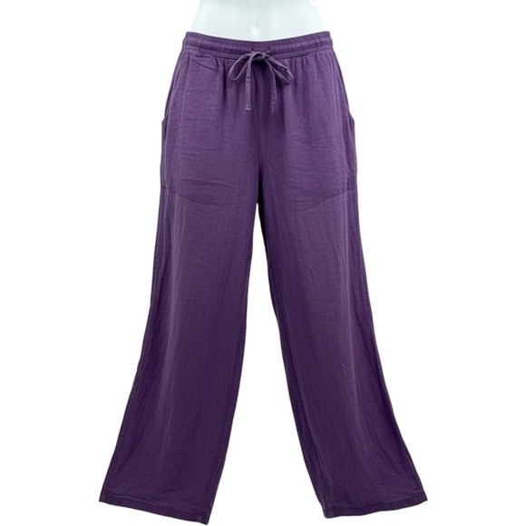 Zury Pants - Zury Purple Cotton Gauze Wide Leg Pants Elastic Waist Drawstring 7140 One Size